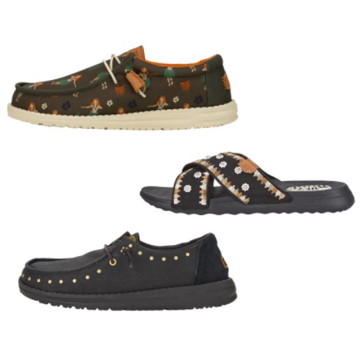 Three pairs of shoes: top are brown moccasins with animal motifs, middle are black floral slip-on sandals, and bottom are black casual shoes with gold stud details.