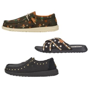 Three pairs of shoes: top are brown moccasins with animal motifs, middle are black floral slip-on sandals, and bottom are black casual shoes with gold stud details.