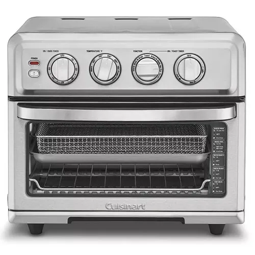 A countertop toaster oven and air fryer with control knobs for timer, temperature, and function features a front door and a slide-out tray.