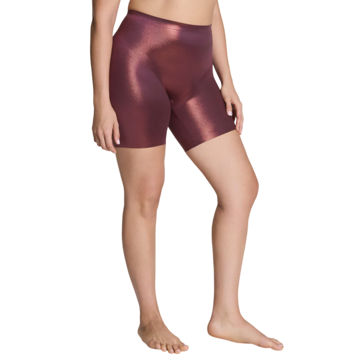 High-waisted, metallic purple biker shorts with a smooth, shiny finish.