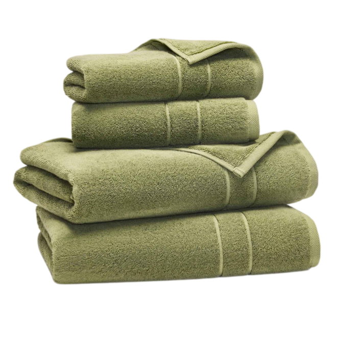 A stack of four green towels of varying sizes is neatly arranged on top of each other.