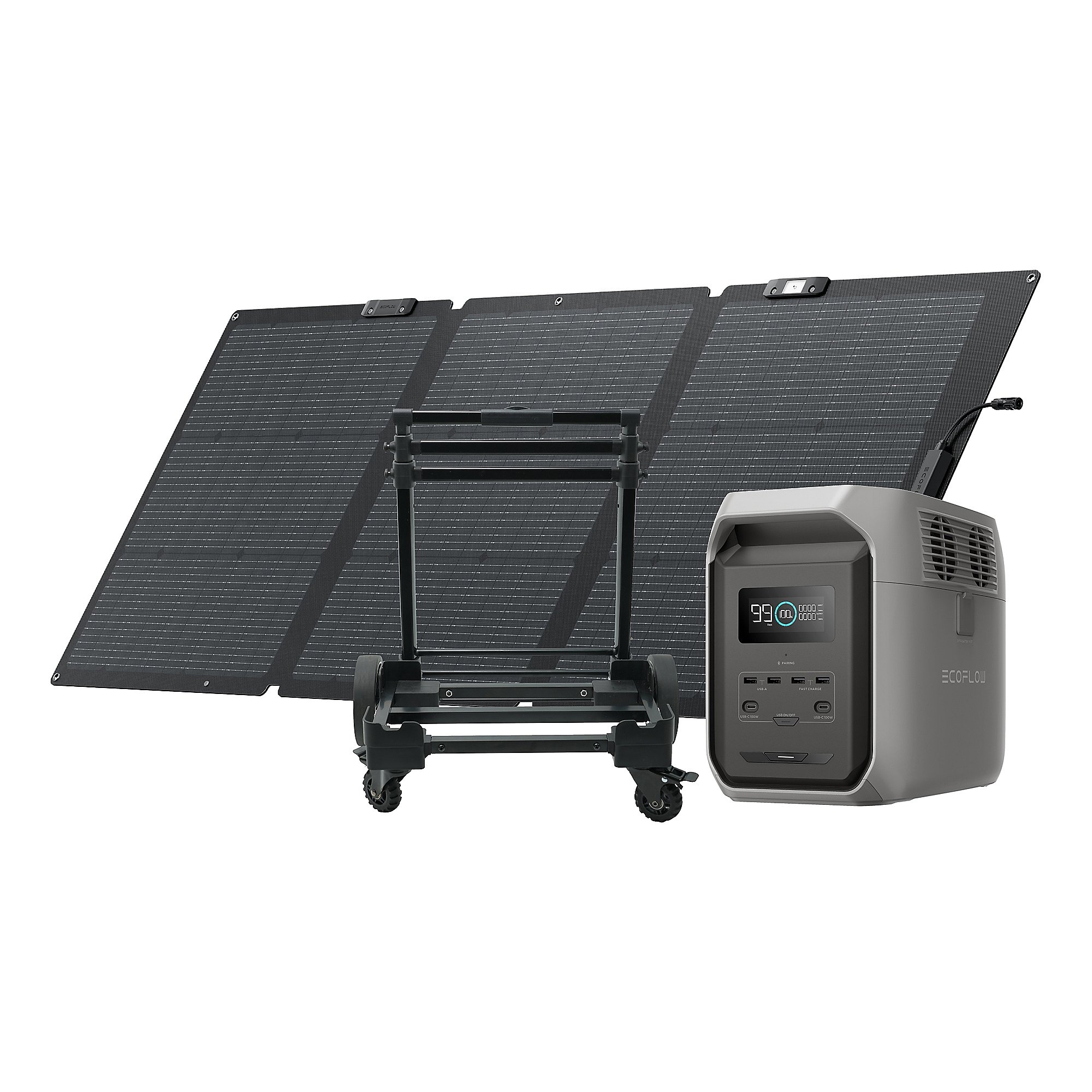 EcoFlow Power Station bundle includes a portable solar panel, a wheeled cart for easy mobility, and a power station with an LCD display, offering USB and AC outlets for charging and powering various devices.