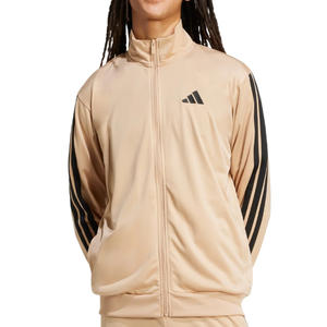 Beige tracksuit jacket with a black three-stripe design on the sleeves and a small black logo on the chest.