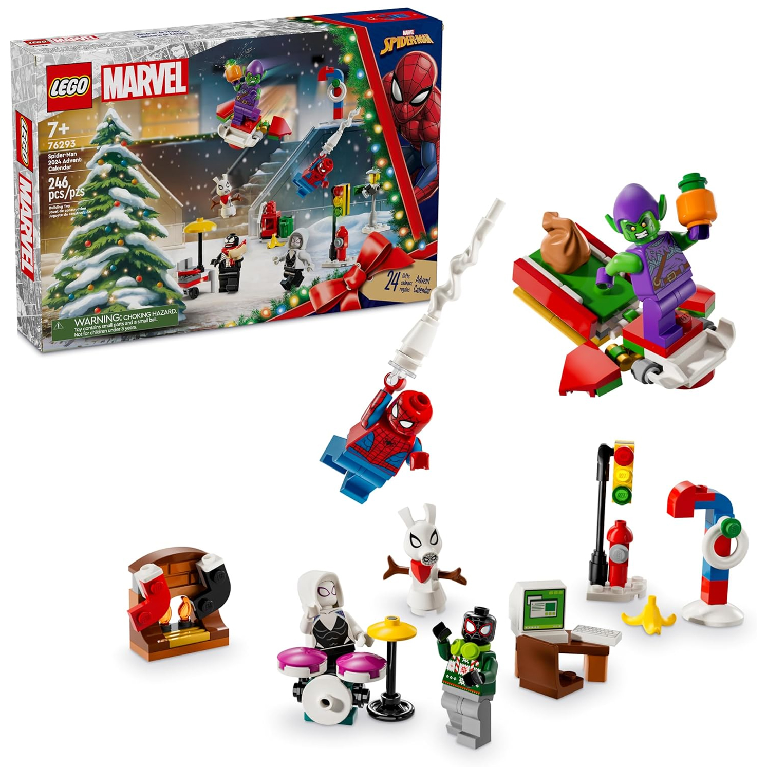 LEGO Marvel Advent Calendar (76293) includes 246 pieces featuring Spider-Man, Green Goblin, and other characters with holiday-themed builds. It showcases mini-figures, building elements, and festive accessories in a winter holiday setting, suitable for ages 7+.