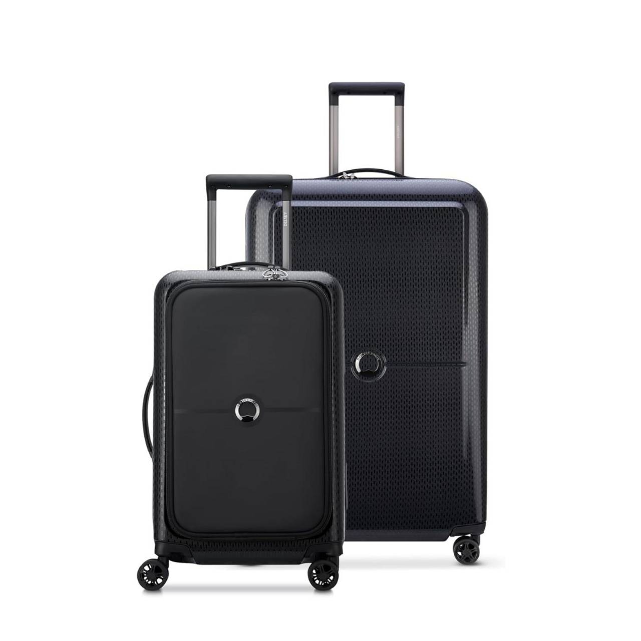 Two black hard-shell suitcases with wheels and telescopic handles, featuring a circular logo on the front. The smaller suitcase is in front of a larger one.