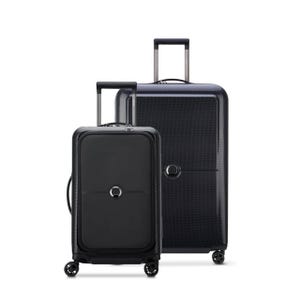 Two black hard-shell suitcases with wheels and telescopic handles, featuring a circular logo on the front. The smaller suitcase is in front of a larger one.