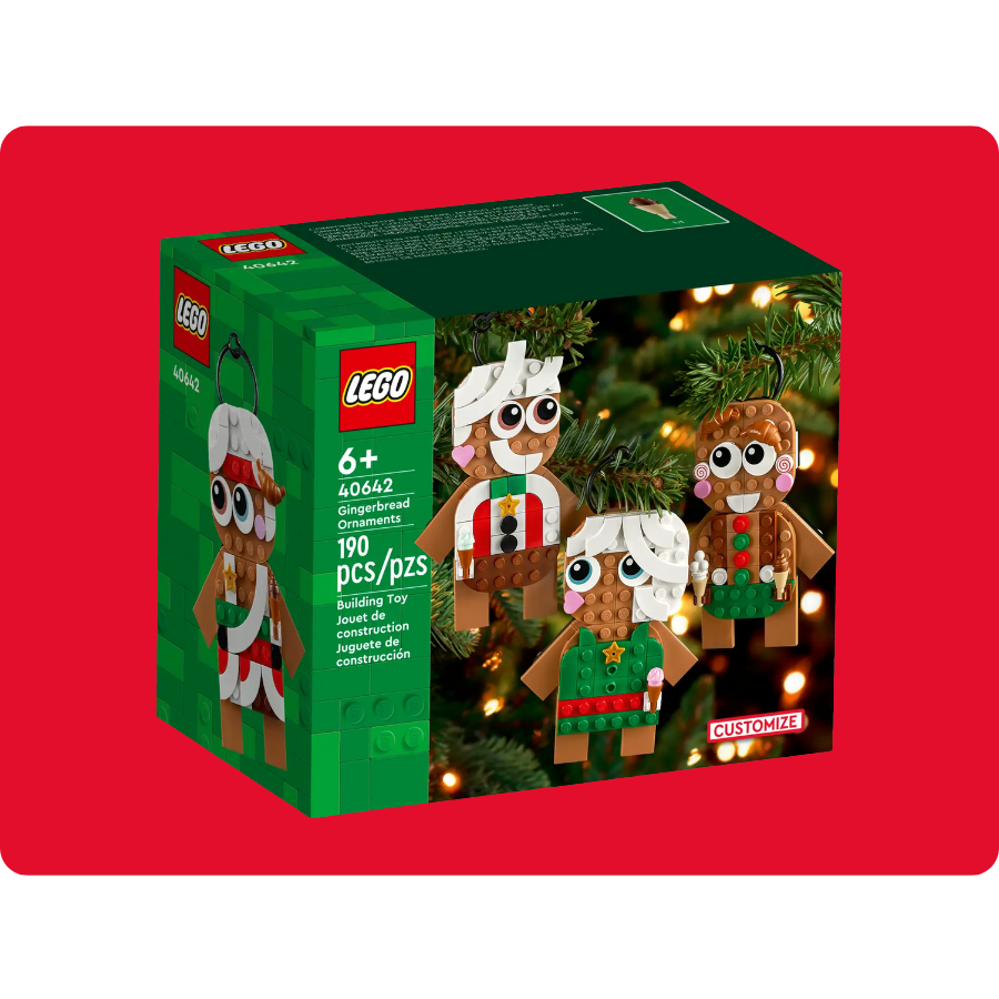 LEGO 40642 Gingerbread Ornaments set for ages 6+, includes 190 pieces for building customizable holiday-themed decorations.