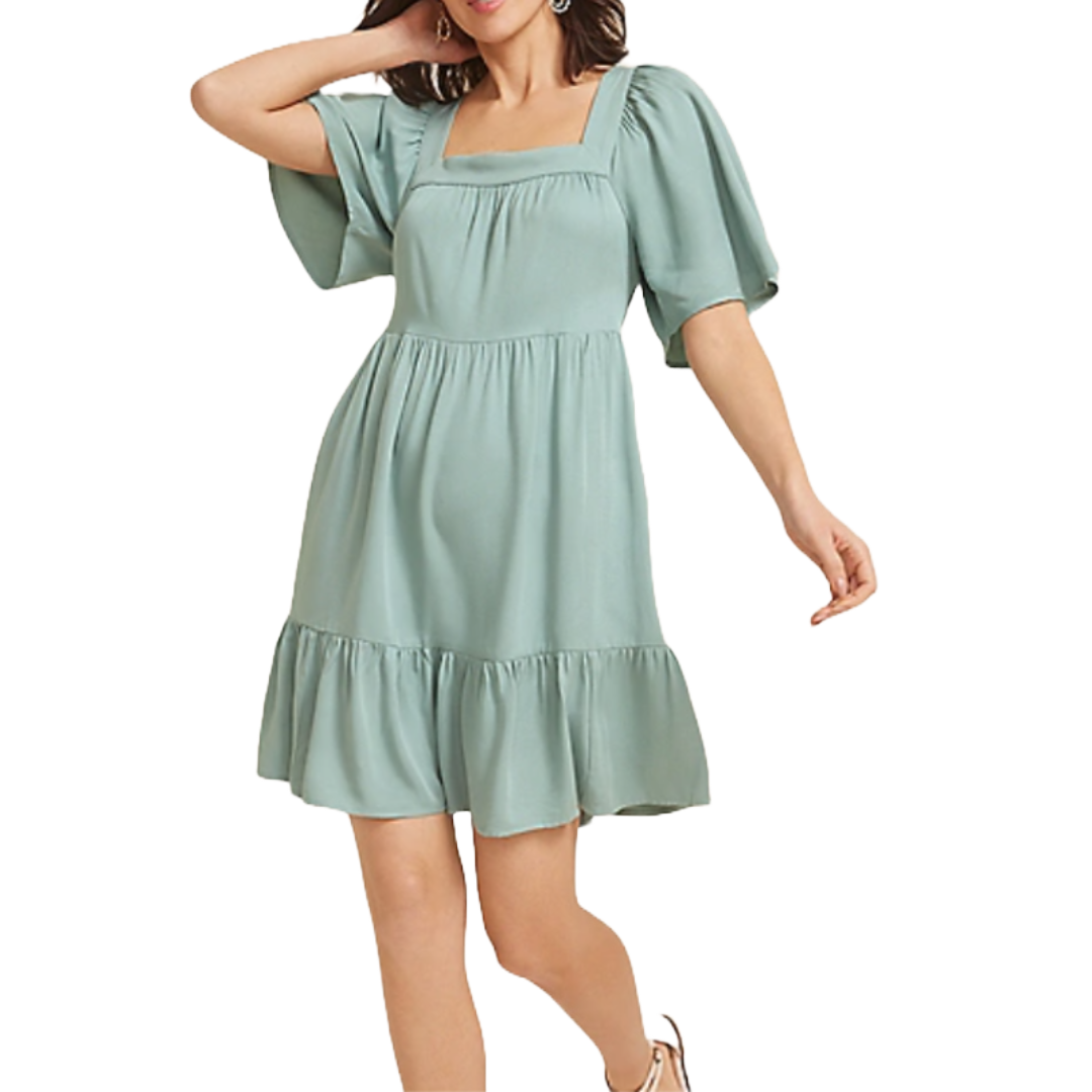 This is a light blue-green babydoll dress featuring flutter sleeves and a square neckline. It has a relaxed fit with a gathered waist and a ruffled hem.