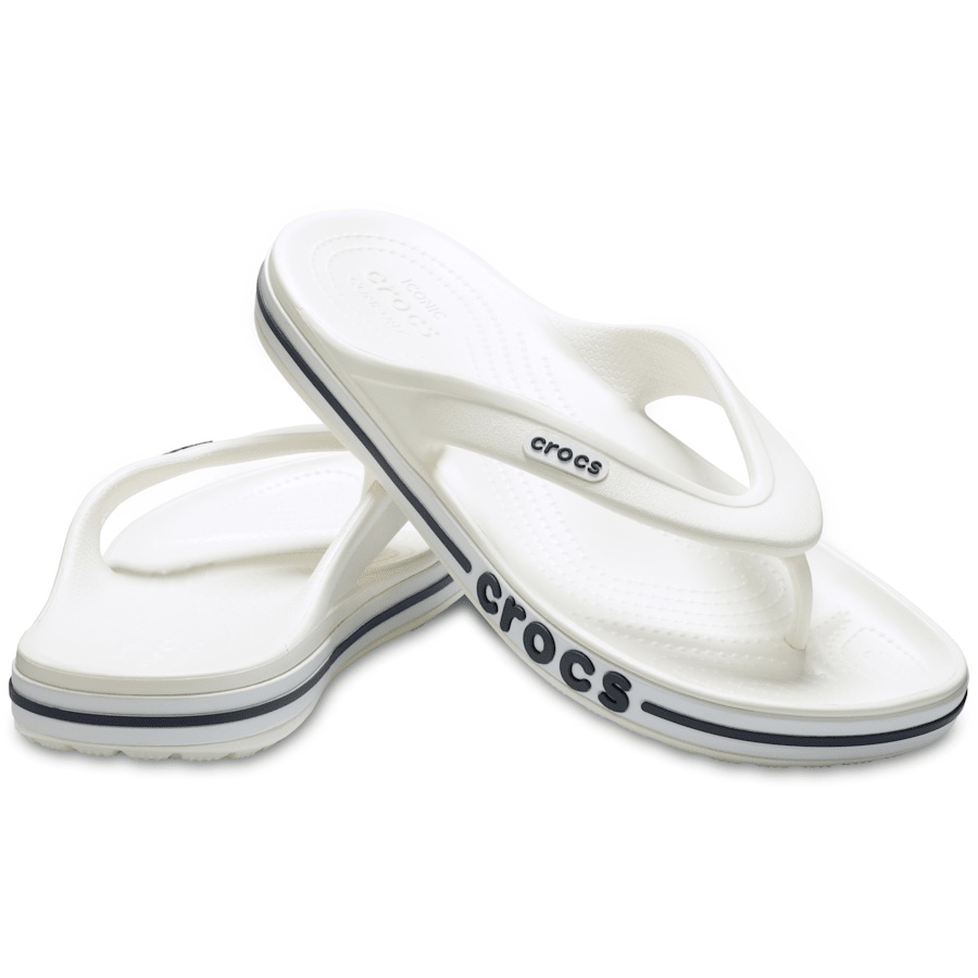 White Crocs flip-flops with a black stripe on the sole and a logo on the strap.