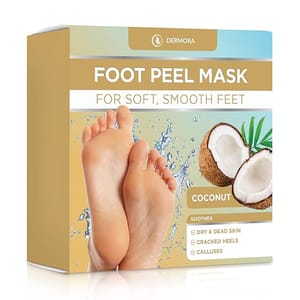Dermora Coconut Foot Peel Mask is designed for soft, smooth feet, soothing dry and dead skin, cracked heels, and calluses. The packaging features an image of feet and coconut halves, highlighting its soothing properties.