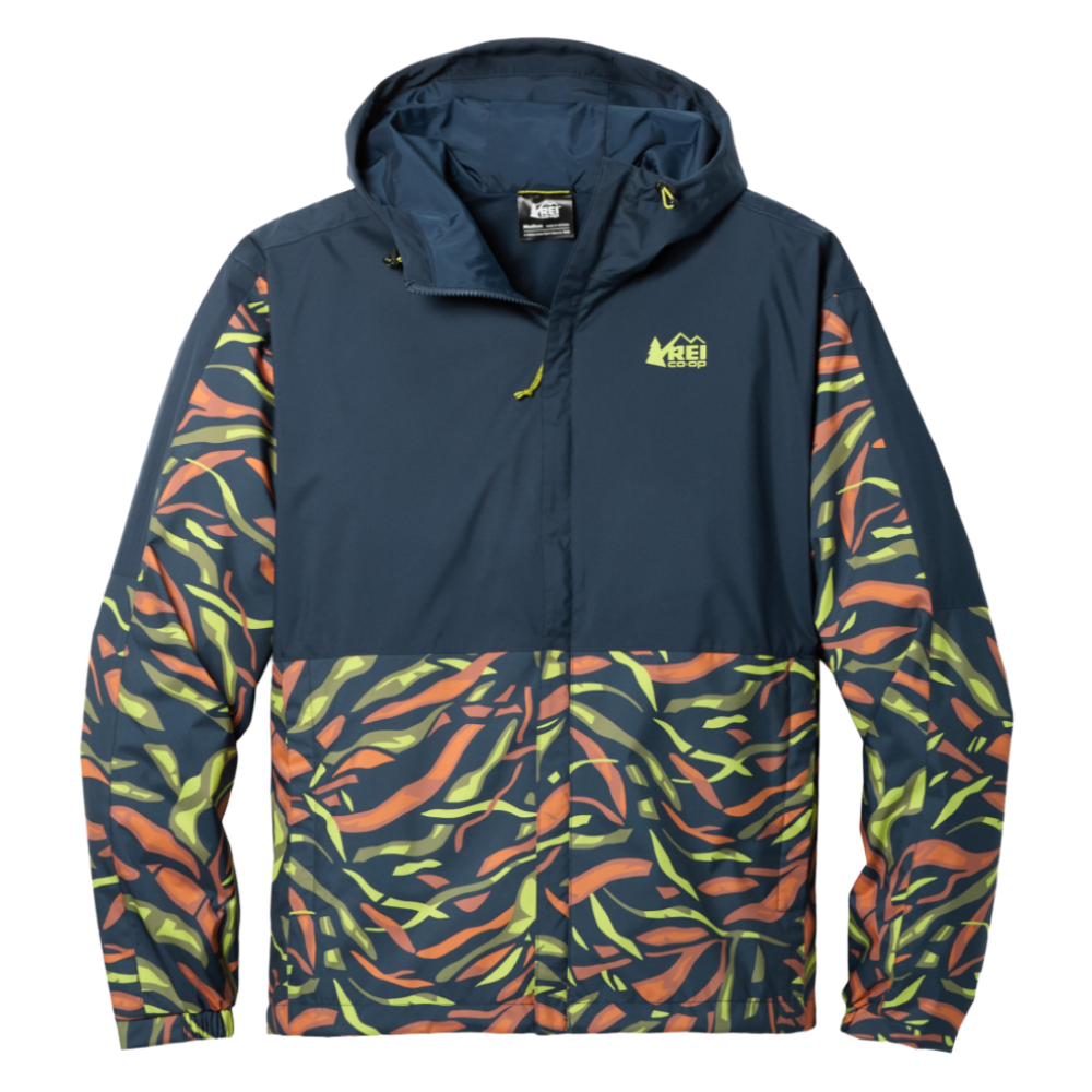 A hooded jacket featuring a dark blue top and a colorful abstract pattern on the sleeves and lower half, with a logo on the chest.