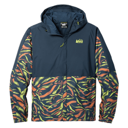 A hooded jacket featuring a dark blue top and a colorful abstract pattern on the sleeves and lower half, with a logo on the chest.