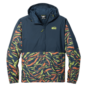 A hooded jacket featuring a dark blue top and a colorful abstract pattern on the sleeves and lower half, with a logo on the chest.