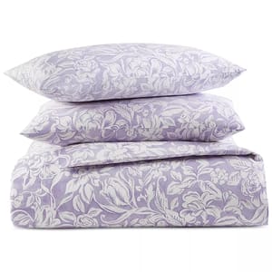 Purple and white floral-patterned 100% cotton duvet set with two matching pillow covers, offering a classic design and soft texture.
