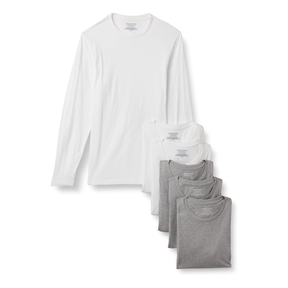 A pack of six crewneck shirts, including one white long-sleeve and five short-sleeves in white and gray.