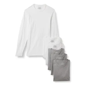 A pack of six crewneck shirts, including one white long-sleeve and five short-sleeves in white and gray.