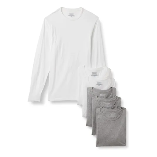A pack of six crewneck shirts, including one white long-sleeve and five short-sleeves in white and gray.