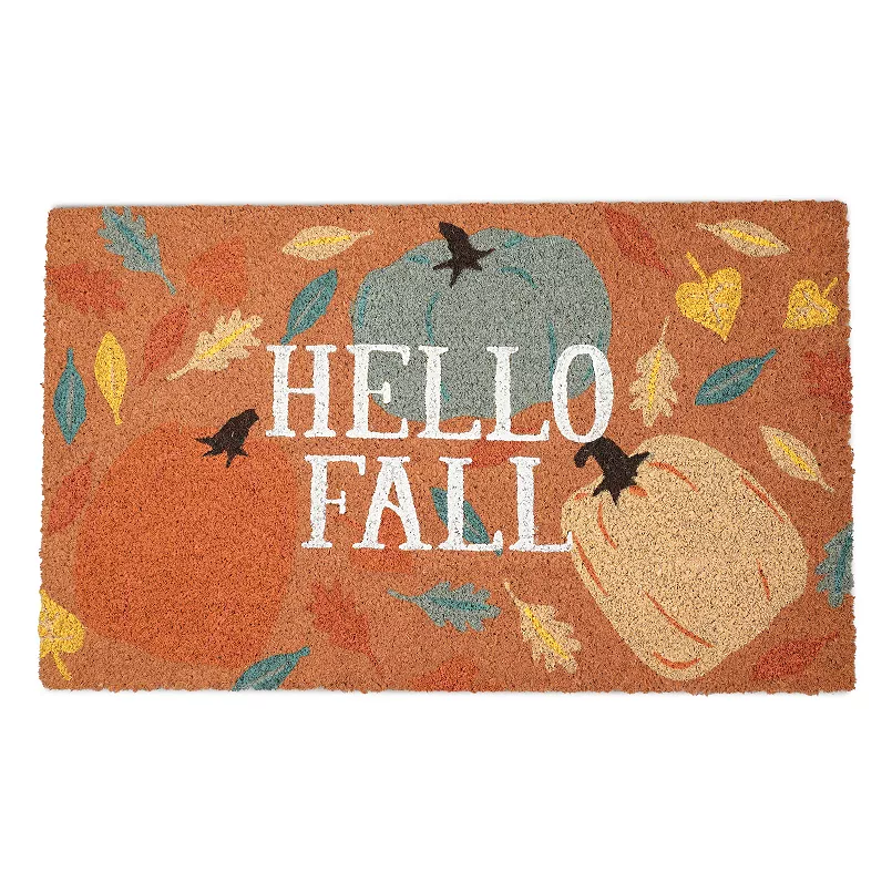 This is a coir doormat featuring the text \“HELLO FALL\“ with illustrations of pumpkins, leaves, and birds in autumnal colors.