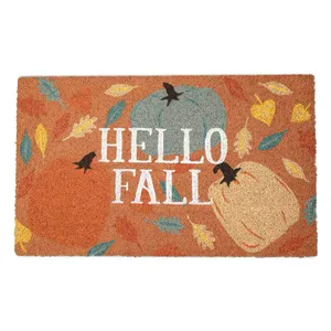 This is a coir doormat featuring the text \“HELLO FALL\“ with illustrations of pumpkins, leaves, and birds in autumnal colors.