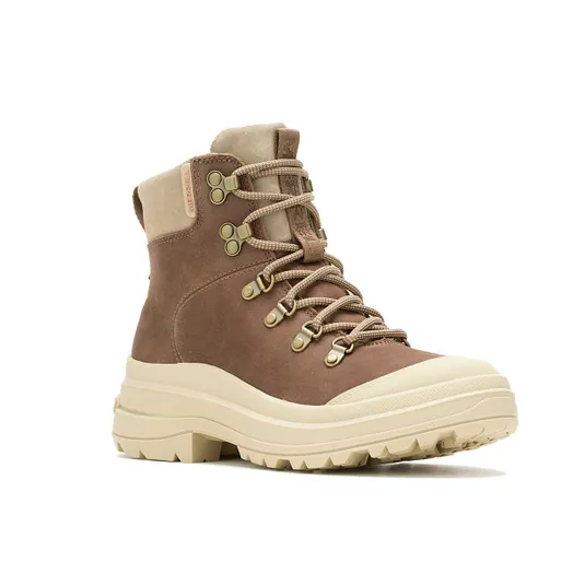 Brown hiking boot with a suede finish, beige sole, and beige toe cap, featuring metal eyelets and tan laces.