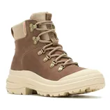 Brown hiking boot with a suede finish, beige sole, and beige toe cap, featuring metal eyelets and tan laces.