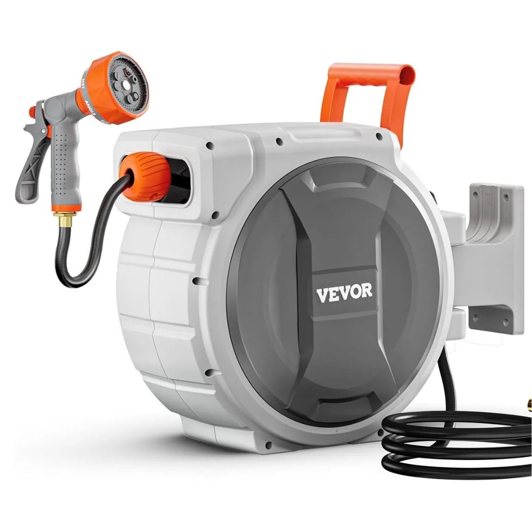 Retractable garden hose reel with a grey and orange design, featuring a multi-function spray nozzle and a wall-mounting bracket.