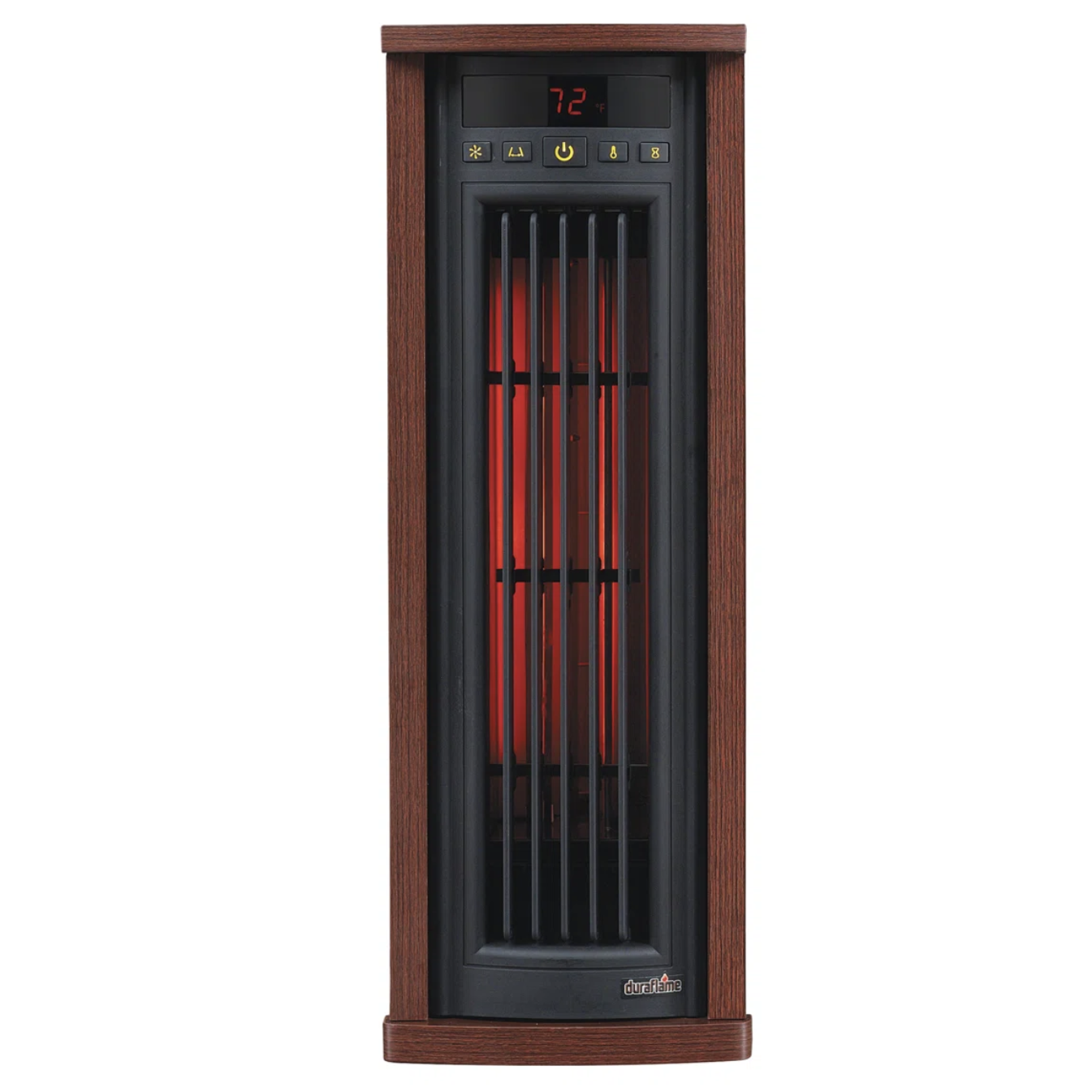 Electric space heater with a wood finish and digital thermostat display set to 72°F. Features include adjustable temperature, power button, and timer controls.
