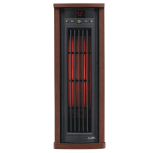 Electric space heater with a wood finish and digital thermostat display set to 72°F. Features include adjustable temperature, power button, and timer controls.