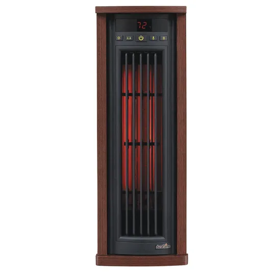 Electric space heater with a wood finish and digital thermostat display set to 72°F. Features include adjustable temperature, power button, and timer controls.