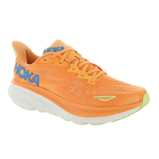 Hoka Men's Clifton 9 Running Shoes are bright orange with blue branding, featuring a breathable mesh upper and thick, cushioned white midsole for added comfort and support.