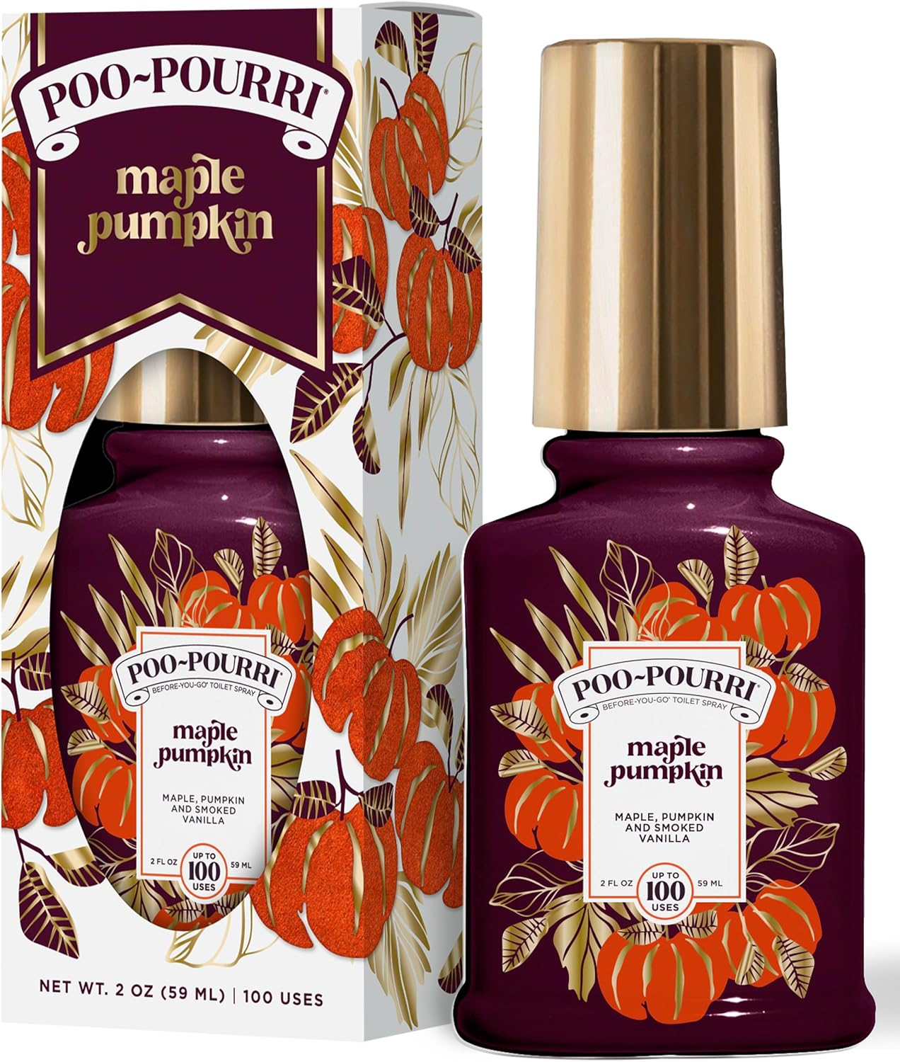 Poo-Pourri Maple Pumpkin toilet spray, featuring a blend of maple, pumpkin, and smoked vanilla fragrances, packaged in a 2 oz (59 ml) bottle for up to 100 uses.