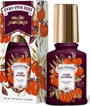 Poo-Pourri Maple Pumpkin toilet spray, featuring a blend of maple, pumpkin, and smoked vanilla fragrances, packaged in a 2 oz (59 ml) bottle for up to 100 uses.