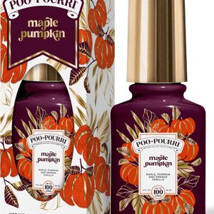 Poo-Pourri Maple Pumpkin toilet spray, featuring a blend of maple, pumpkin, and smoked vanilla fragrances, packaged in a 2 oz (59 ml) bottle for up to 100 uses.