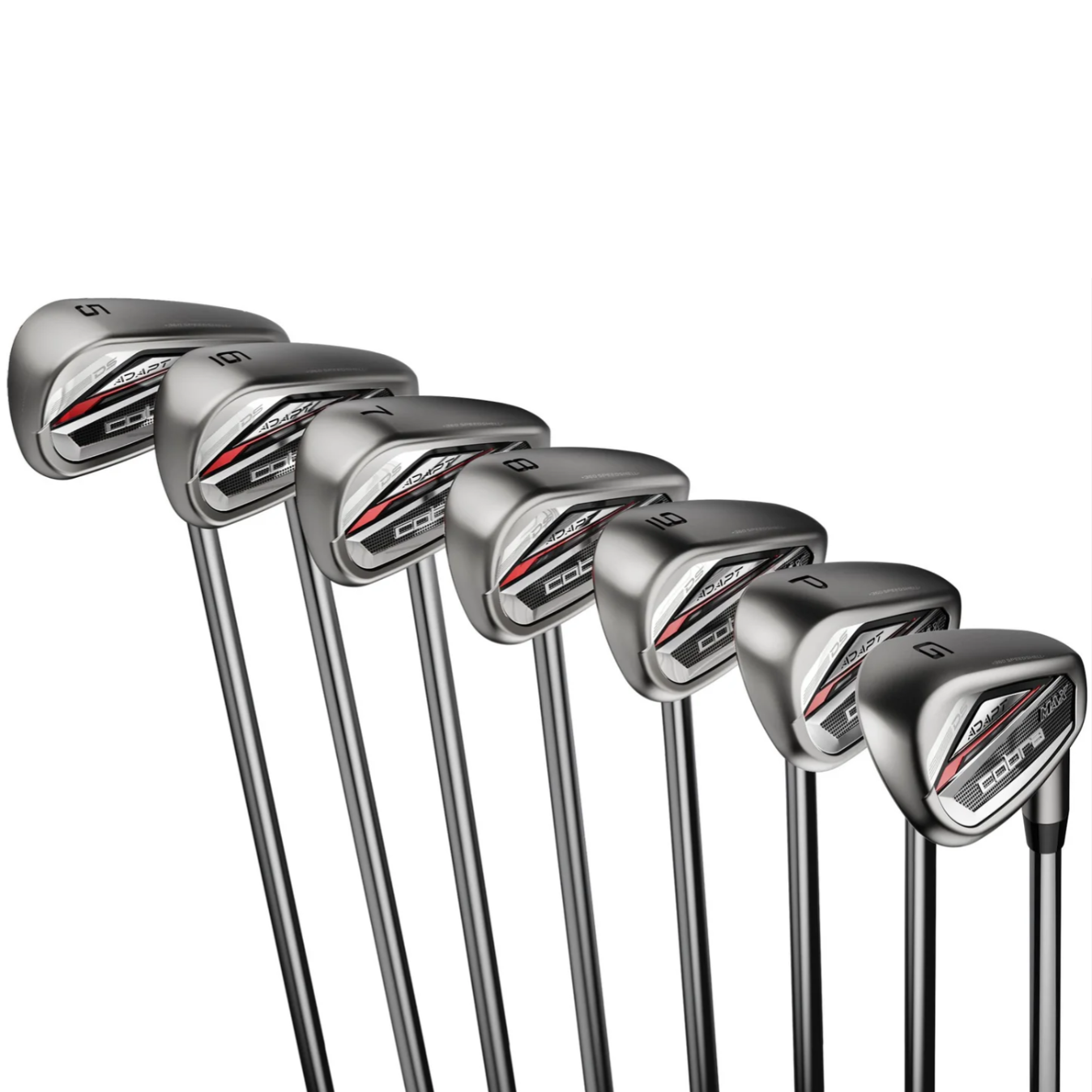 A set of Cobra golf irons numbered 5 through G, featuring a sleek design with black, red, and silver accents.