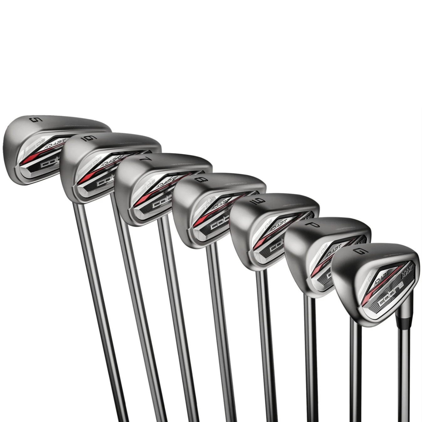 A set of Cobra golf irons numbered 5 through G, featuring a sleek design with black, red, and silver accents.