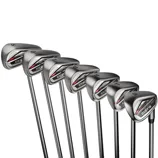 A set of Cobra golf irons numbered 5 through G, featuring a sleek design with black, red, and silver accents.