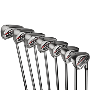 A set of Cobra golf irons numbered 5 through G, featuring a sleek design with black, red, and silver accents.