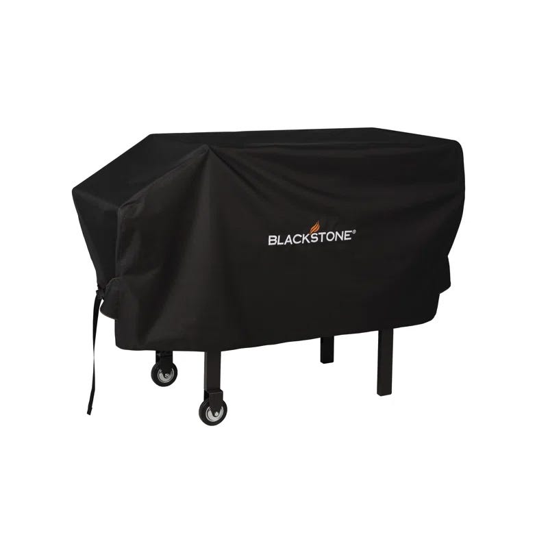 Blackstone 28\“ Griddle Cover is a black protective cover designed to fit over a griddle, featuring the Blackstone logo on its side. It includes a fastening strap and is equipped with wheels for easy mobility.