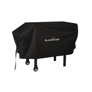 Blackstone 28\“ Griddle Cover is a black protective cover designed to fit over a griddle, featuring the Blackstone logo on its side. It includes a fastening strap and is equipped with wheels for easy mobility.