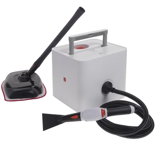 A compact, white Sharper Image steam cleaner and mop features a carrying handle, detachable hose, floor cleaning head, and narrow nozzle attachment. Designed for easy steam cleaning on various surfaces.