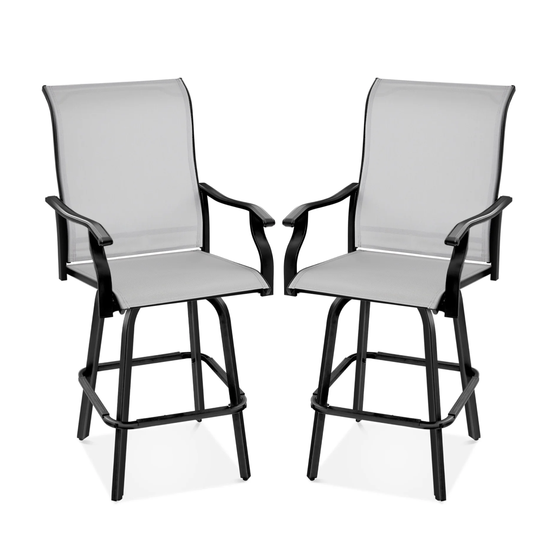 Two black-framed swivel bar stools with light gray fabric seats and backrests, featuring armrests and footrests.