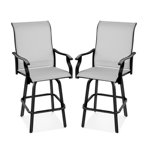 Two black-framed swivel bar stools with light gray fabric seats and backrests, featuring armrests and footrests.