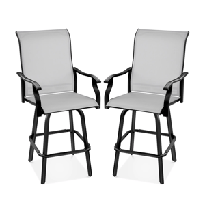 Two black-framed swivel bar stools with light gray fabric seats and backrests, featuring armrests and footrests.