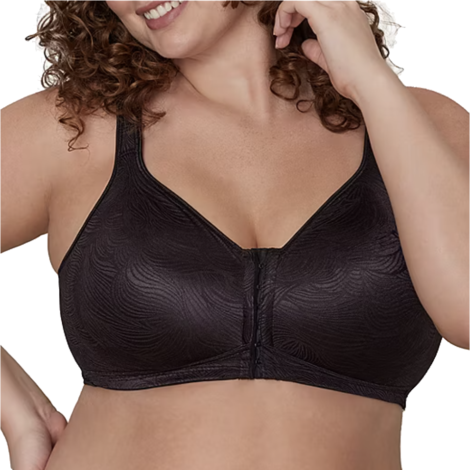 A woman is wearing a black front-closure bra with a subtle swirling pattern, designed for comfort and support.