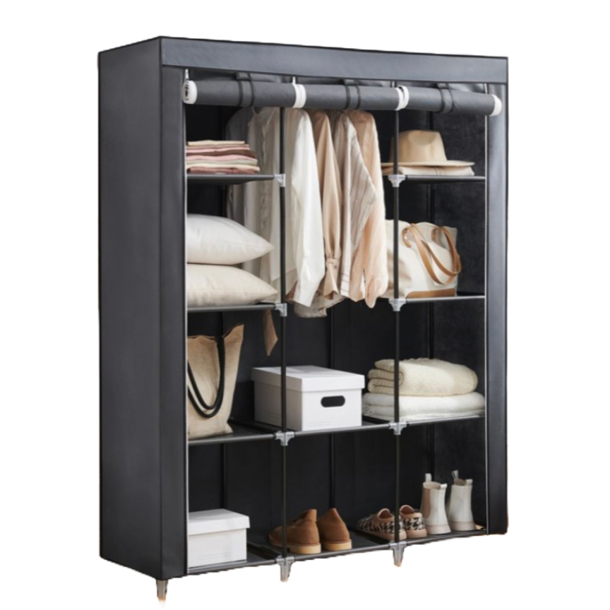 A black portable wardrobe features 10 shelves, including hanging space for clothes and compartments for folded items, shoes, and accessories, with a fabric cover and roll-up front flaps for easy access.