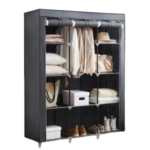 A black portable wardrobe features 10 shelves, including hanging space for clothes and compartments for folded items, shoes, and accessories, with a fabric cover and roll-up front flaps for easy access.