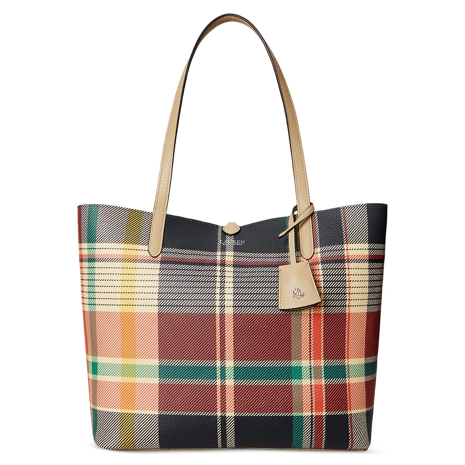 Tote bag with a multicolored plaid design and beige handles, featuring a small attached tag with \“RLL\“ logo.