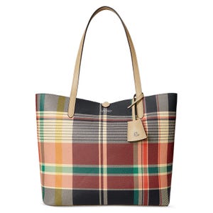 Tote bag with a multicolored plaid design and beige handles, featuring a small attached tag with \“RLL\“ logo.