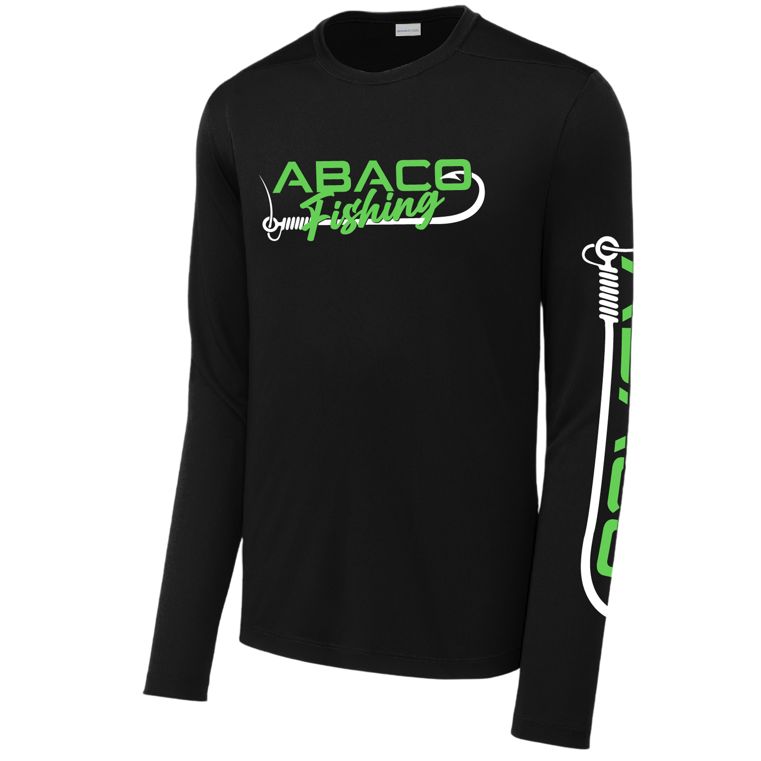 Black long-sleeve shirt with \“ABACO Fishing\“ text in green and white, featuring a fishing hook graphic across the chest and sleeve.