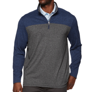 Flag & Anthem 1/4-Zip Pullover features a two-tone design with a navy blue upper and sleeves, contrasted with a gray body. It has a quarter-zip closure and is worn over a collared shirt.